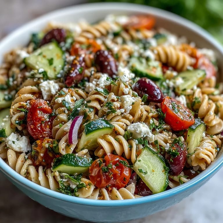 Light and refreshing Summer Slim Greek Pasta Salad featuring al dente pasta, baby spinach, and creamy feta for a Mediterranean-inspired meal.