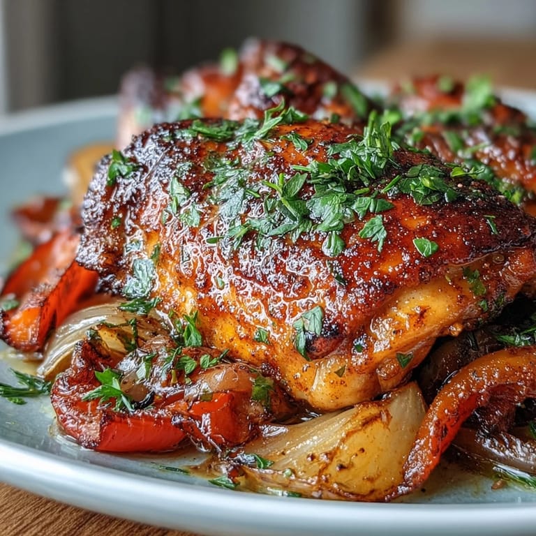 Smoky paprika-seasoned chicken thighs nestled with colorful bell peppers and onions, roasted to golden perfection in a single pan.  
