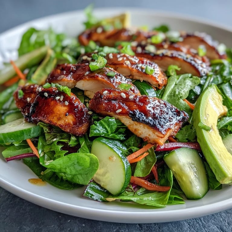 Grilled chicken marinated in green tea and mango, served over fresh salad greens with crunchy sesame seeds.