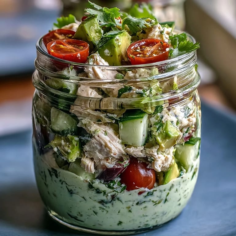 Creamy avocado and seasoned chicken layered in mason jars with cherry tomatoes and spinach for a quick keto lunch.