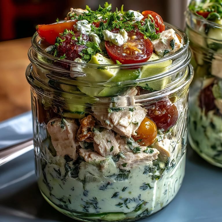 Protein-packed chicken salad with avocado, cucumber, and lime dressing, perfectly portioned in mason jars for easy meal prep.