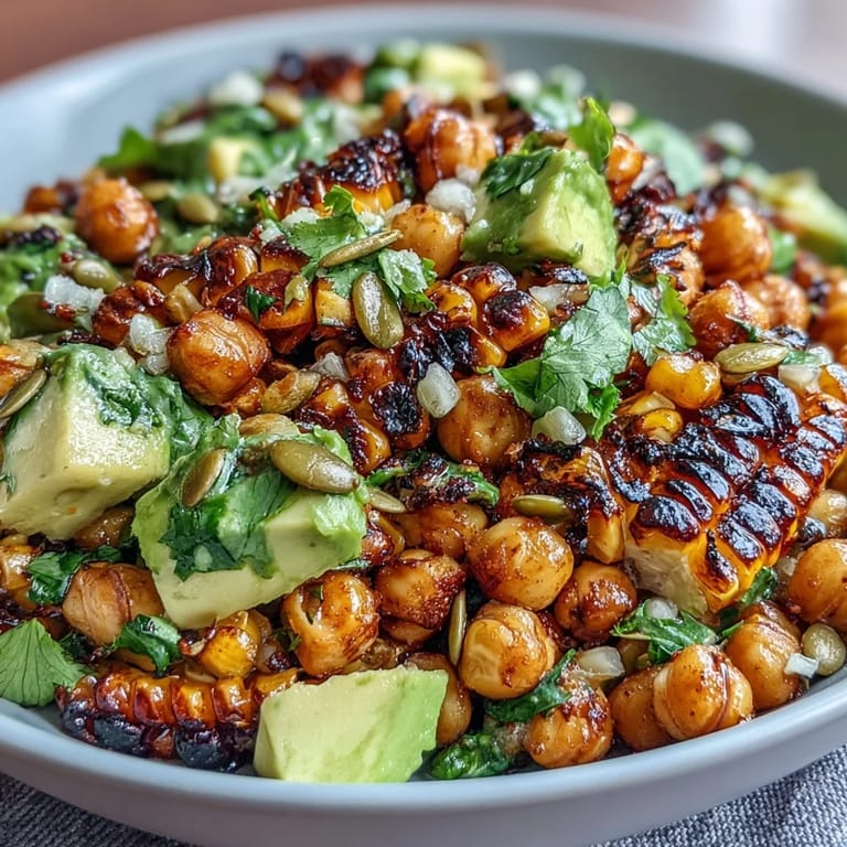Vibrant Mexican-inspired street corn salad with chickpeas, red bell pepper, and tangy chili-lime dressing garnished with cilantro.  