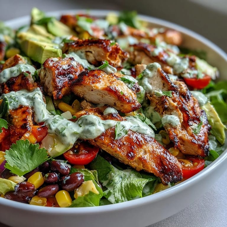 Grilled chicken breast slices over mixed greens, black beans, sweet corn, and bell peppers, drizzled with a tangy lime-cilantro dressing.