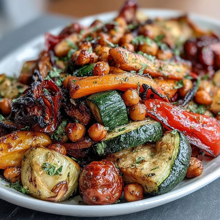 Aromatic roasted vegetable dish with chickpeas, infused with zesty lemon and garlic, served fresh from the oven in a rustic baking dish.  