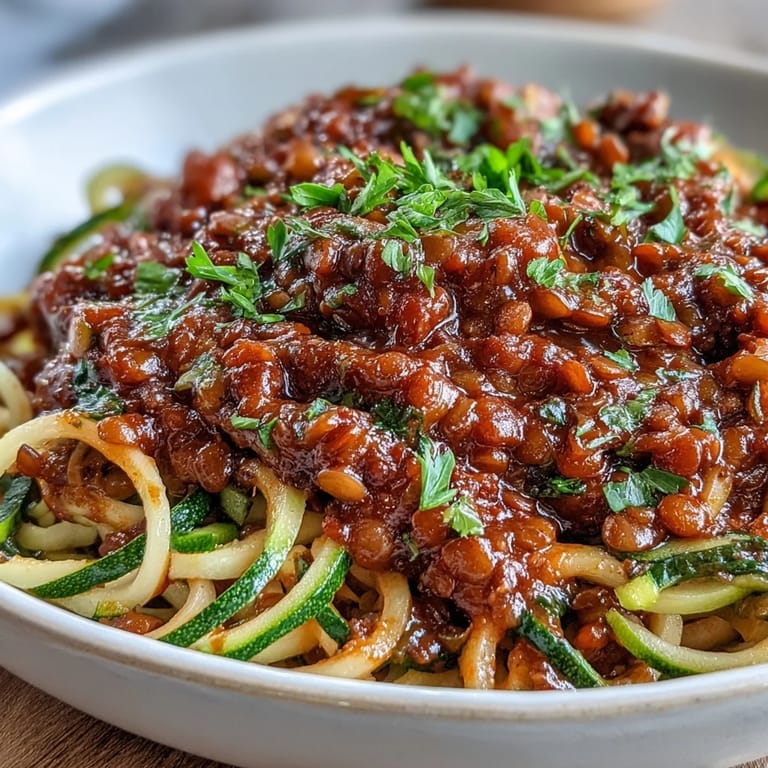 Colorful spiralized zucchini and carrots topped with rich vegan lentil Bolognese, garnished with fresh parsley for an inviting and nutritious dinner.