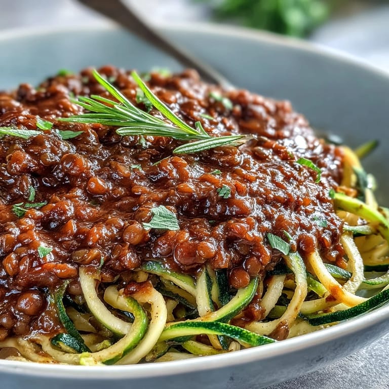 Hearty lentil Bolognese sauce simmered with aromatic vegetables, served over crisp spiralized zucchini and carrots for a healthy plant-based meal.  