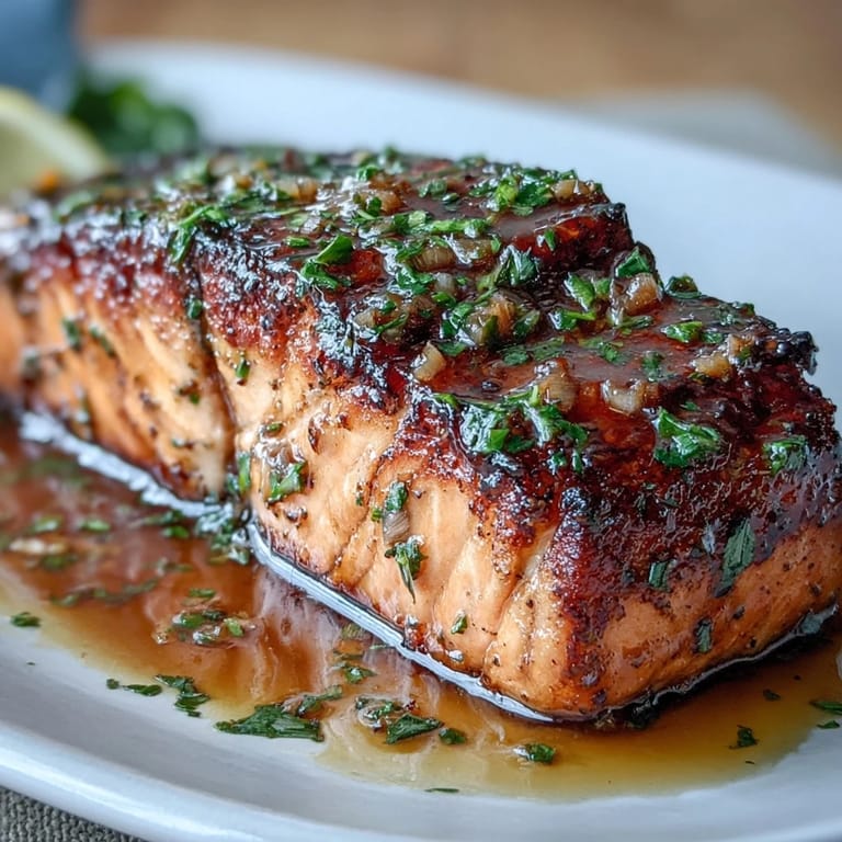 Texas Roadhouse inspired baked salmon, marinated in garlic and paprika, offering a rich and savory flavor profile.  
