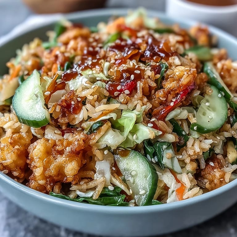 Fresh cabbage, cucumber, and bell pepper combine with crispy rice and a creamy peanut-sesame dressing for a flavorful salad.