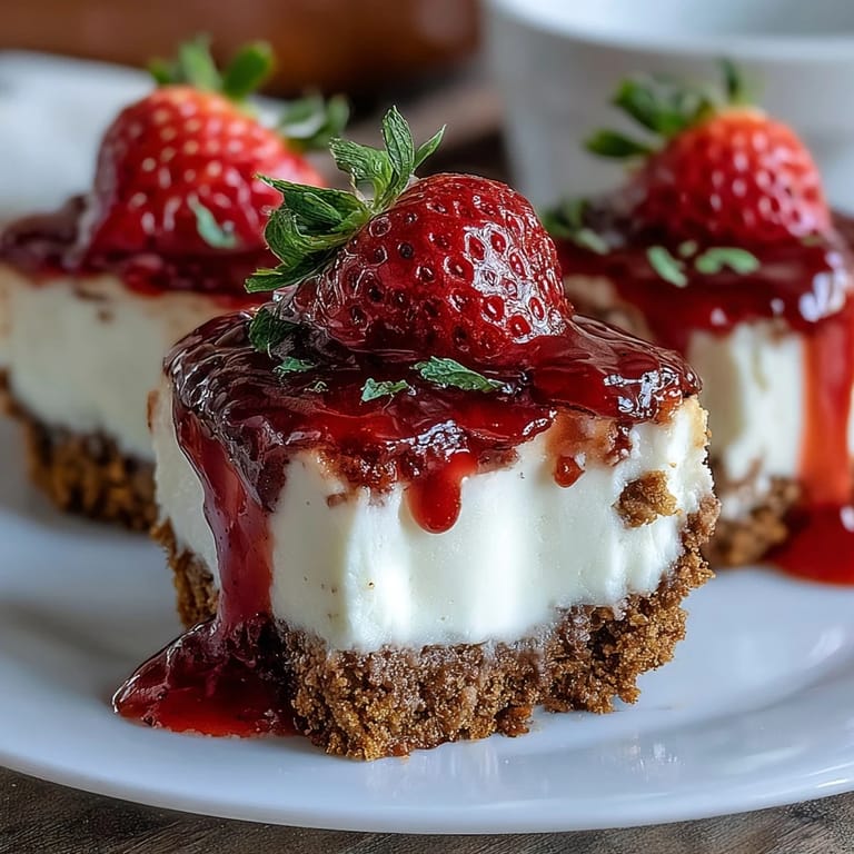 Delicious high protein strawberry cheesecake bites topped with homemade strawberry sauce, ideal for guilt-free indulgence and easy meal prep.
