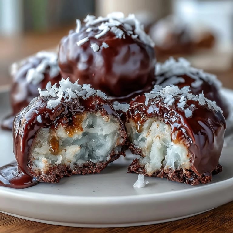 Hand dipping Healthy Chocolate Coconut Bites into melted dark chocolate, with a bowl of shredded coconut and a baking sheet in the background.