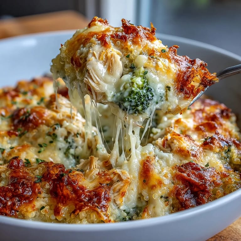 Wholesome broccoli quinoa casserole with tender chicken, steamed vegetables, and gooey cheese, baked until bubbly.