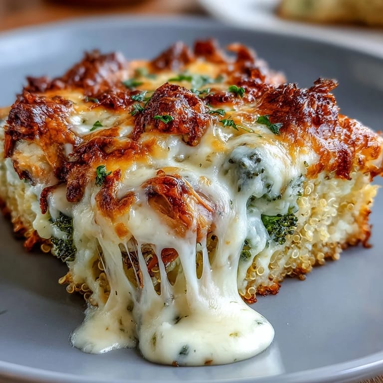 Creamy, cheesy broccoli and chicken quinoa casserole topped with golden melted cheese, ideal for meal prep.  