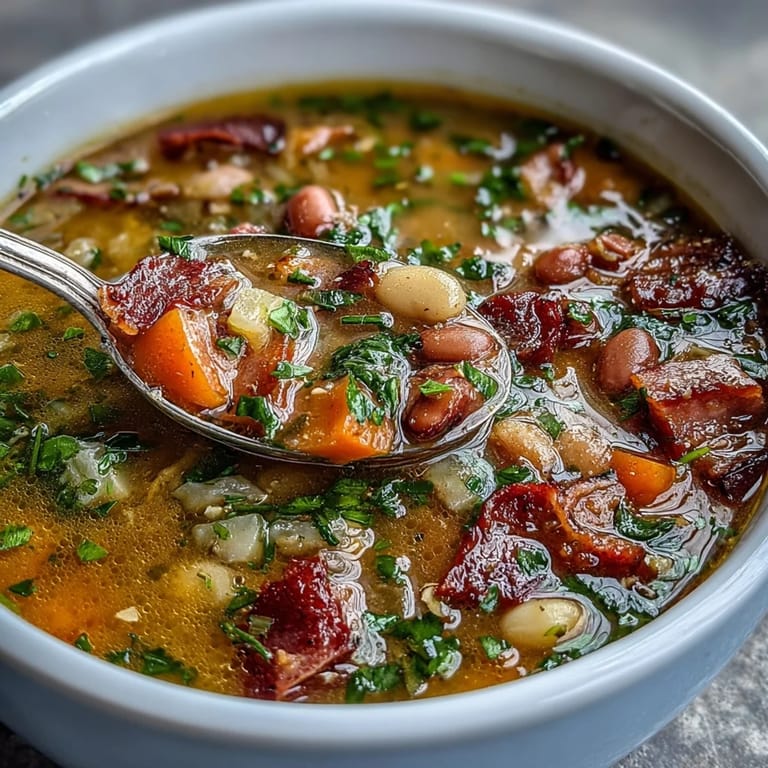A rustic bowl of ham bone bean soup, garnished with fresh parsley and a drizzle of olive oil for extra warmth.  