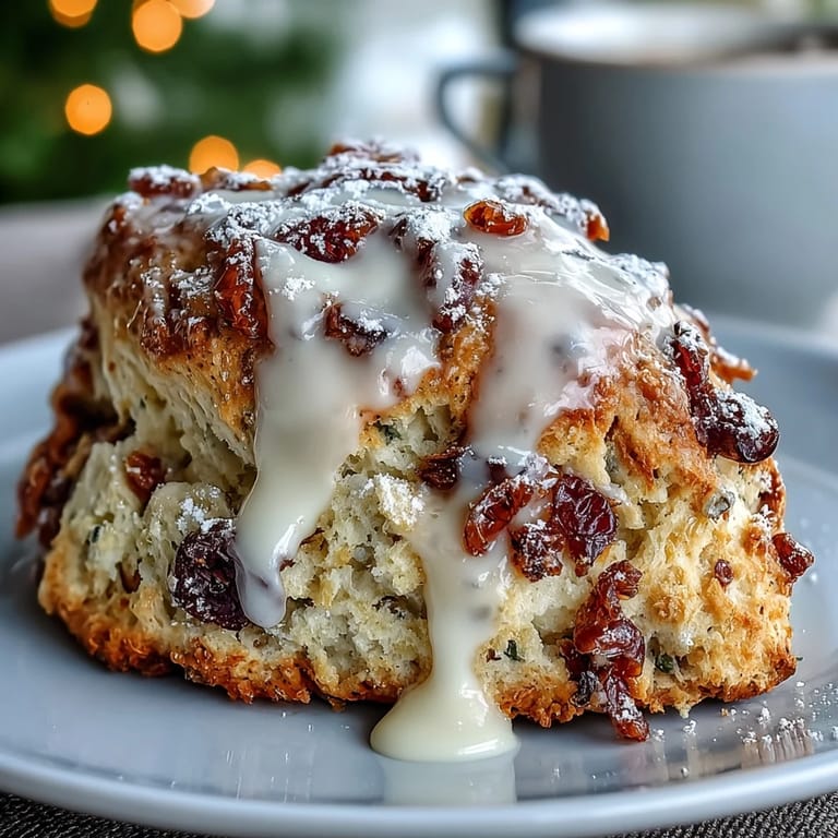 Buttery, flaky scones bursting with juicy cranberries and sweet candied orange, their golden tops glistening with a citrus drizzle—ideal for a cozy breakfast.