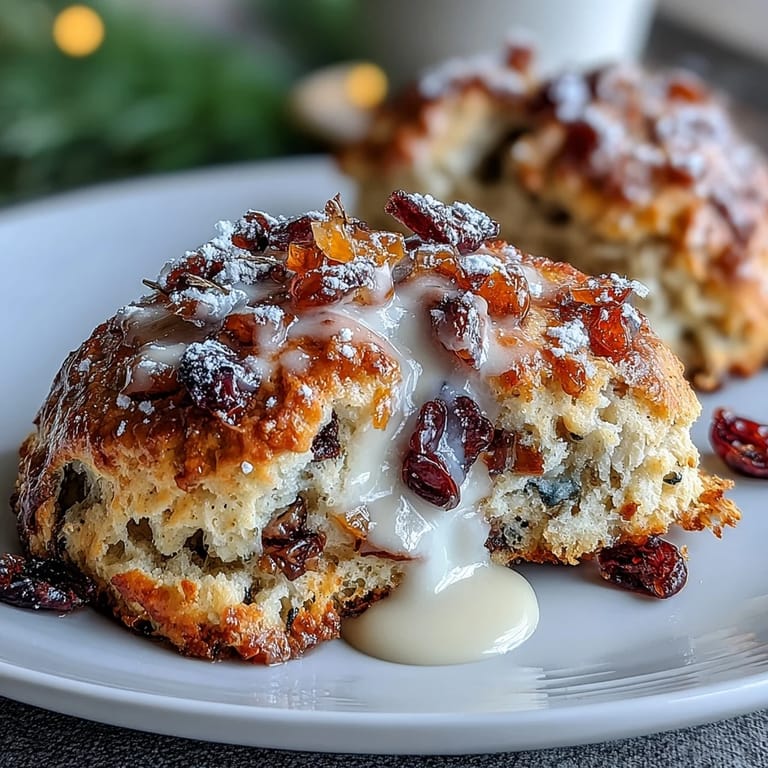 Warm, tender scones studded with chewy candied orange and tangy cranberries, inviting you to savor every bite with a steaming cup of coffee.
