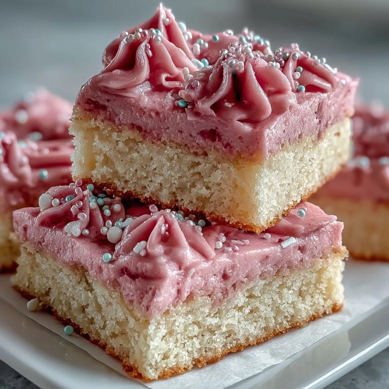 Buttery sugar cookie base topped with vibrant pink strawberry frosting, cut into squares for easy sharing.  