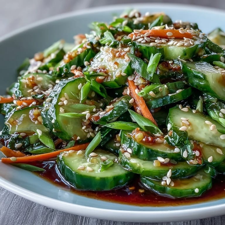 Fresh, crunchy cucumber ribbons in a savory soy-sesame dressing, garnished with toasted sesame seeds and green onions for a light, refreshing side.