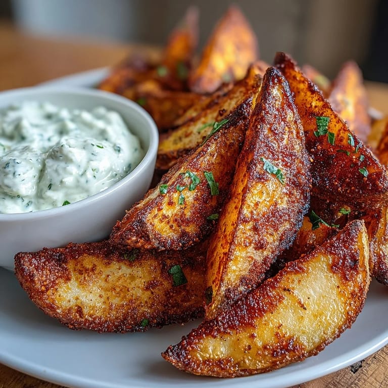 Golden potato wedges cooked in the air fryer, paired with a tangy sour cream and spring onion dip for dipping.  