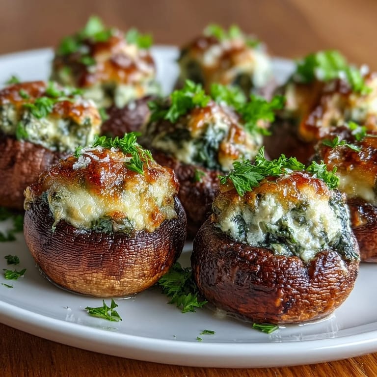 Flavorful cream cheese and spinach stuffed mushrooms, air-fried to perfection with a golden Parmesan crust and fresh parsley garnish.