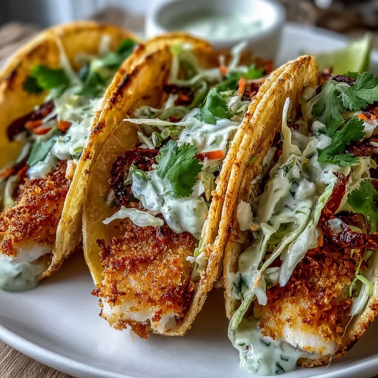 Golden breaded fish fillets in corn tortillas with tangy red and green cabbage slaw and zesty lime crema.  
