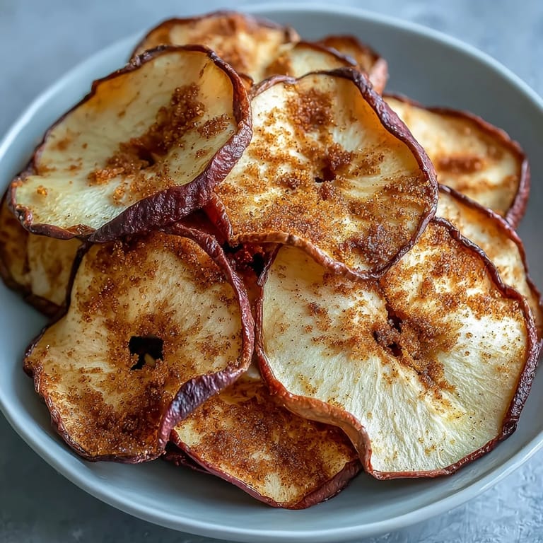 Thinly sliced apples crisped to perfection in the air fryer and lightly coated with sweet cinnamon sugar for a guilt-free treat.