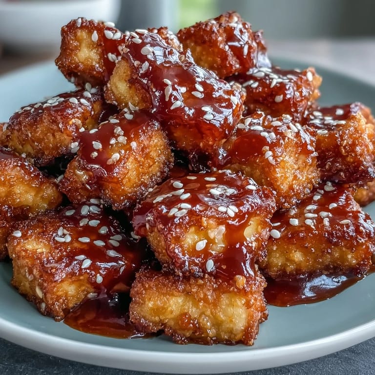 Golden-brown tofu nuggets tossed in sweet chili sauce, served as a flavorful vegan appetizer or light main dish.  