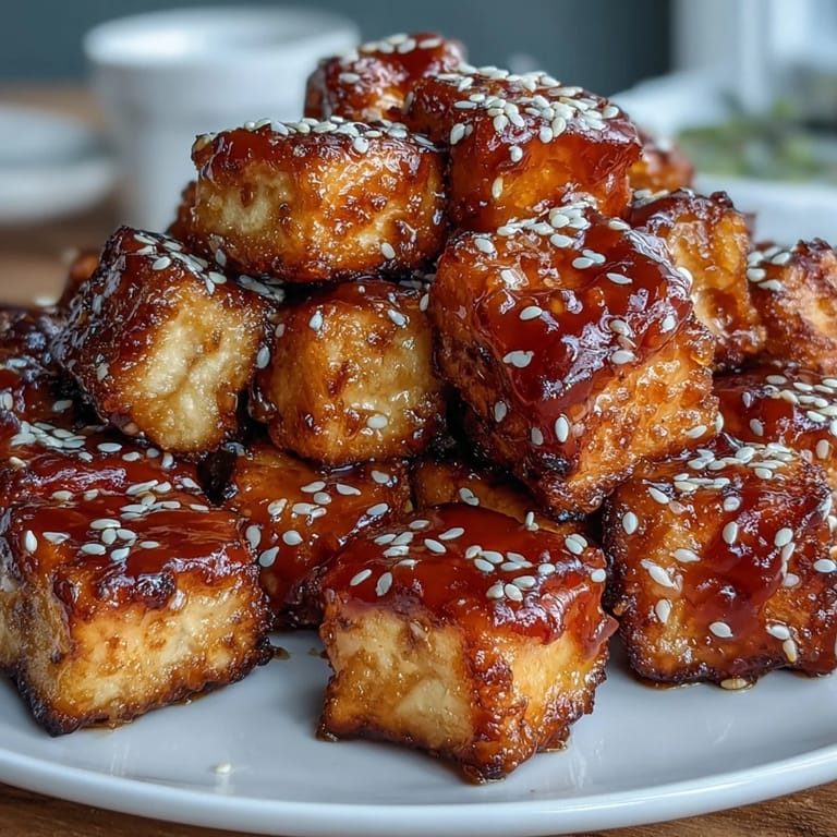 Air-fried tofu nuggets with a crunchy coating, glazed in sweet chili sauce and sprinkled with sesame seeds for extra flavor.