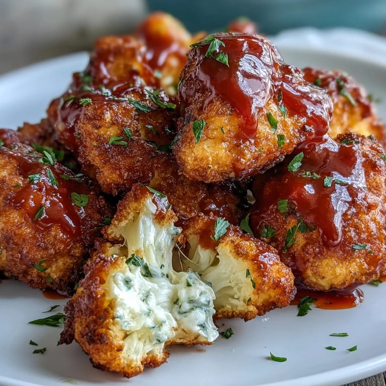 Air-fried cauliflower bites smothered in zesty Buffalo sauce, offering a crunchy, plant-based twist on classic wings.