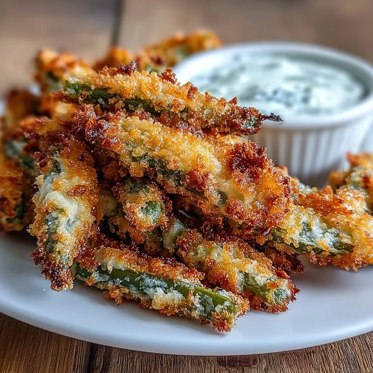 Crunchy air-fried green bean fries coated in Parmesan breadcrumbs paired with tangy homemade ranch yogurt dip.  