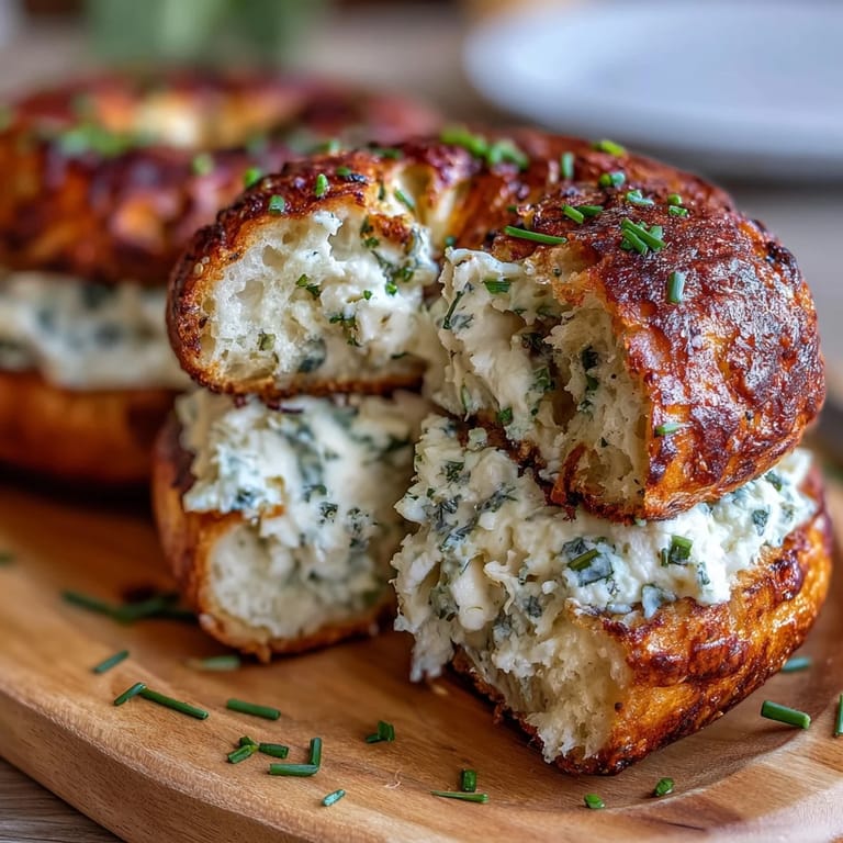 Soft and chewy garlic herb bagels infused with protein powder, golden crust, and a generous layer of smooth cottage cheese spread with chives and parsley.