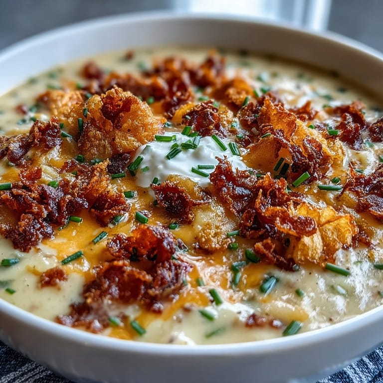 Rich and comforting funeral potatoes soup with tender russet potatoes, cream cheese, and crunchy kettle chip crumbles.