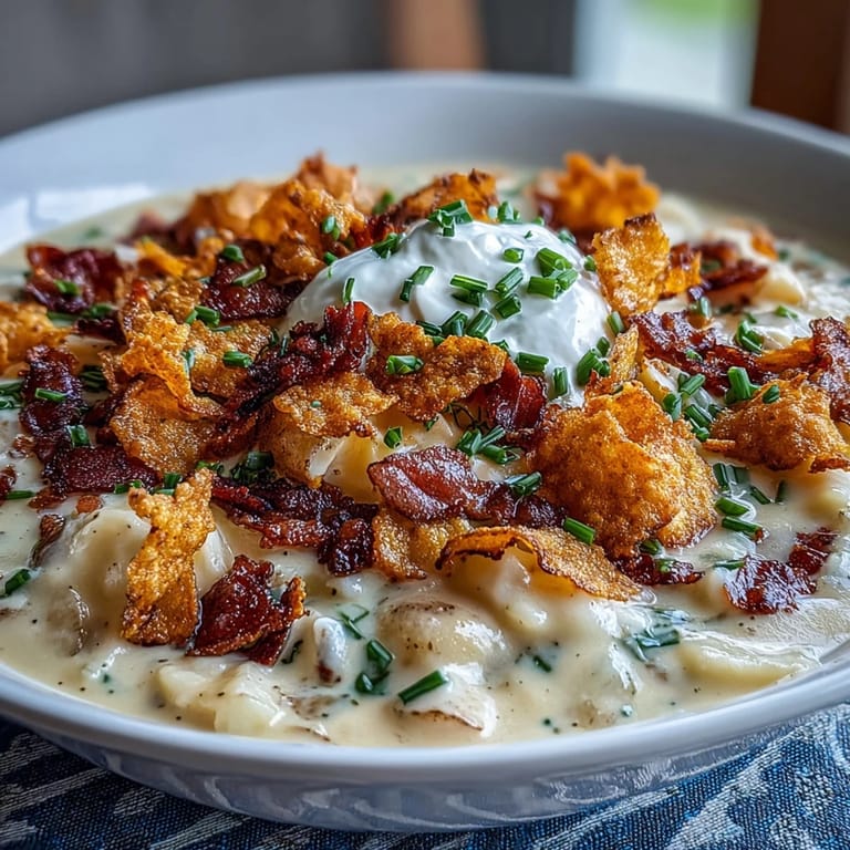 Hearty loaded baked potato soup featuring cheesy funeral potatoes, smoky bacon, and a dollop of sour cream.  