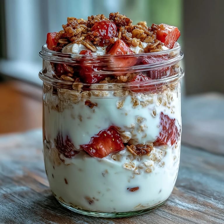 Layered strawberry shortcake overnight oats with fresh berries and vanilla yogurt, a healthy and indulgent make-ahead breakfast.