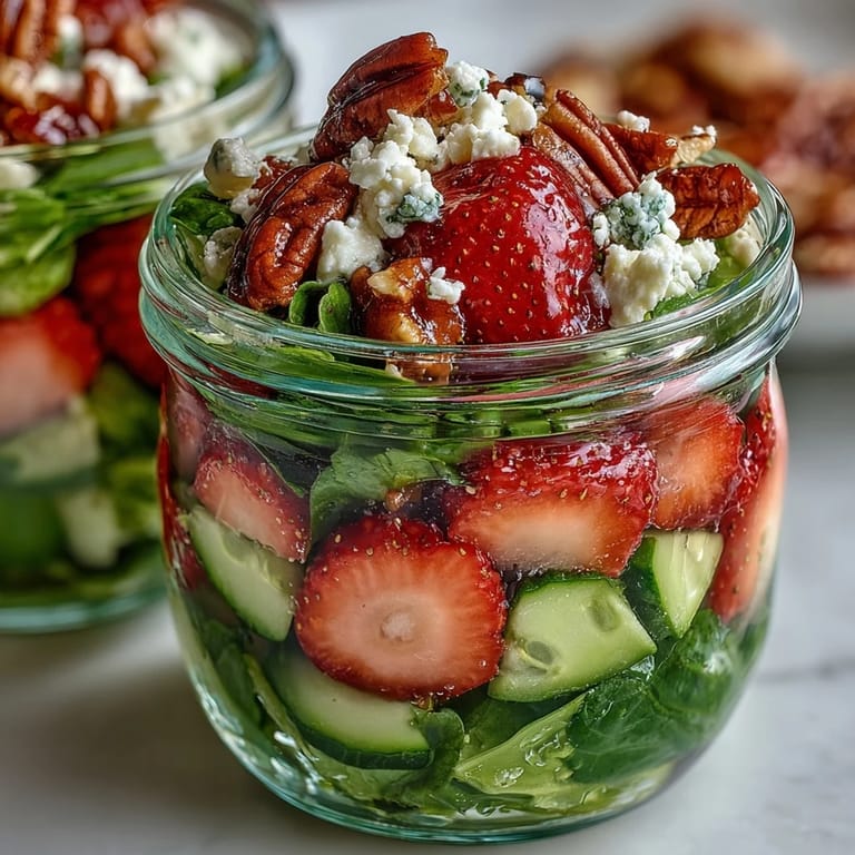 Fresh strawberry and goat cheese salad jars with crisp greens, pecans, and balsamic dressing.