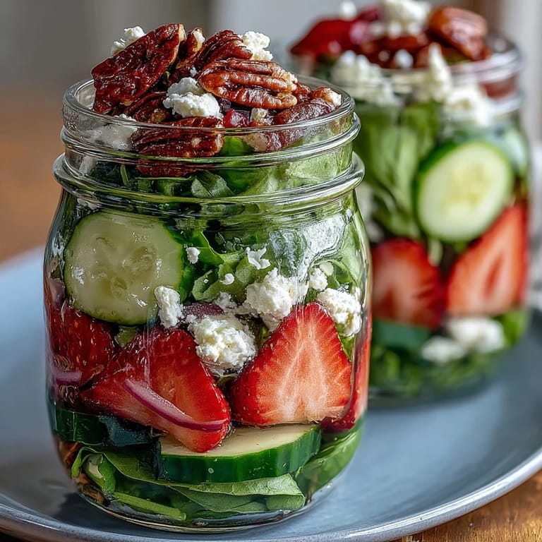 Colorful salad jar featuring strawberries, goat cheese, and mixed greens for easy picnic meals.