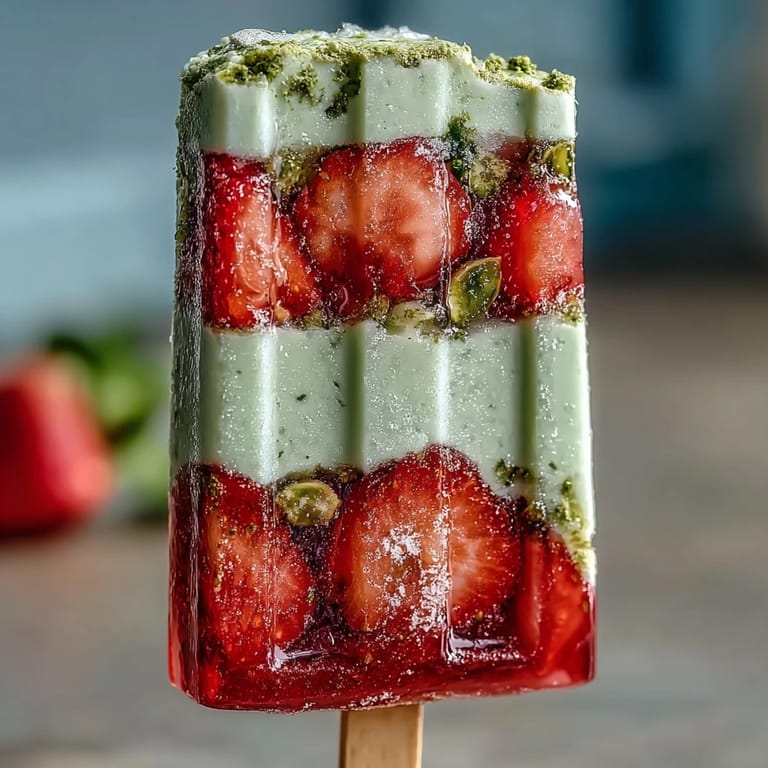 Layered popsicles blending sweet strawberries and smooth matcha latte, creating a colorful frozen treat for warm spring days.