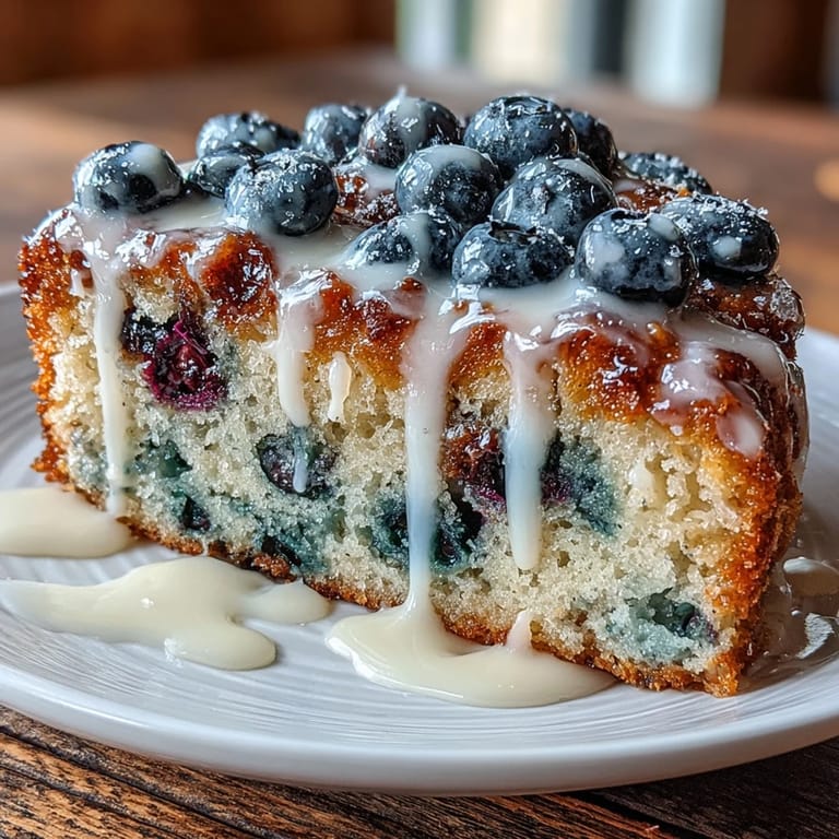 Tangy sourdough skillet cake with fresh blueberries, bright lemon flavor, and a glossy icing drizzle for a perfect dessert.