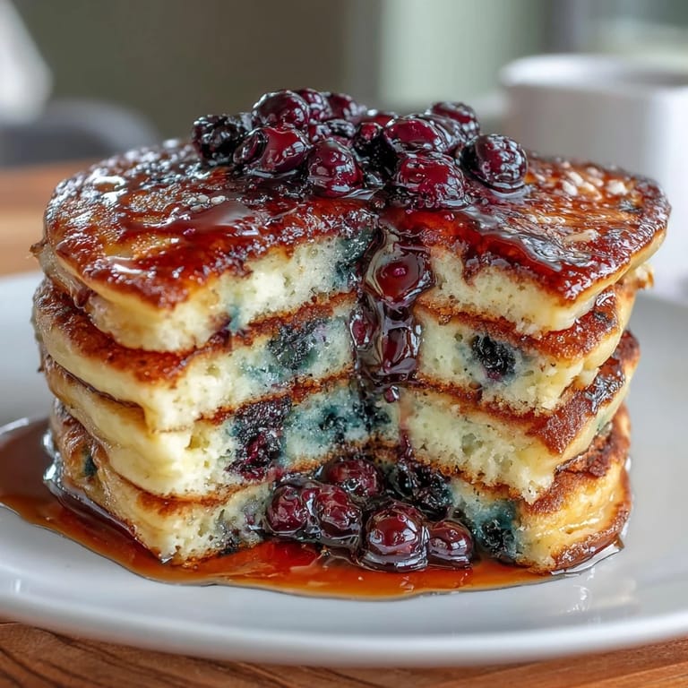 Golden-brown pancakes made with tangy sourdough discard, juicy blueberries, and a hint of lemon, served warm and inviting.  