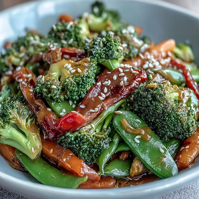 Easy vegetarian stir-fry loaded with crisp vegetables and rich peanut sauce, topped with sesame seeds and chopped peanuts for crunch.