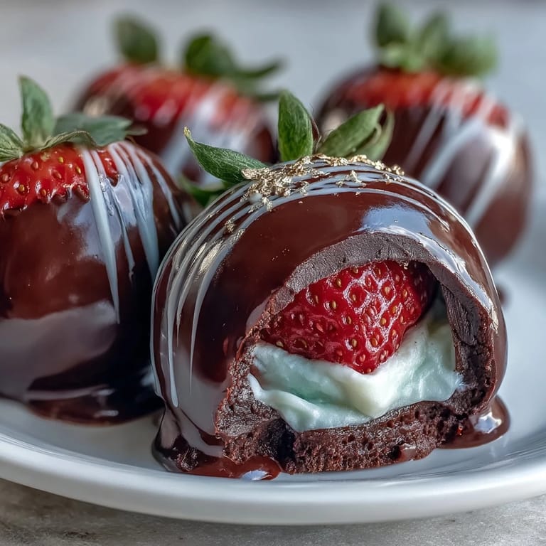 Rich dark chocolate shells encase fresh strawberries and fluffy mascarpone cream, creating a decadent dessert centerpiece.  