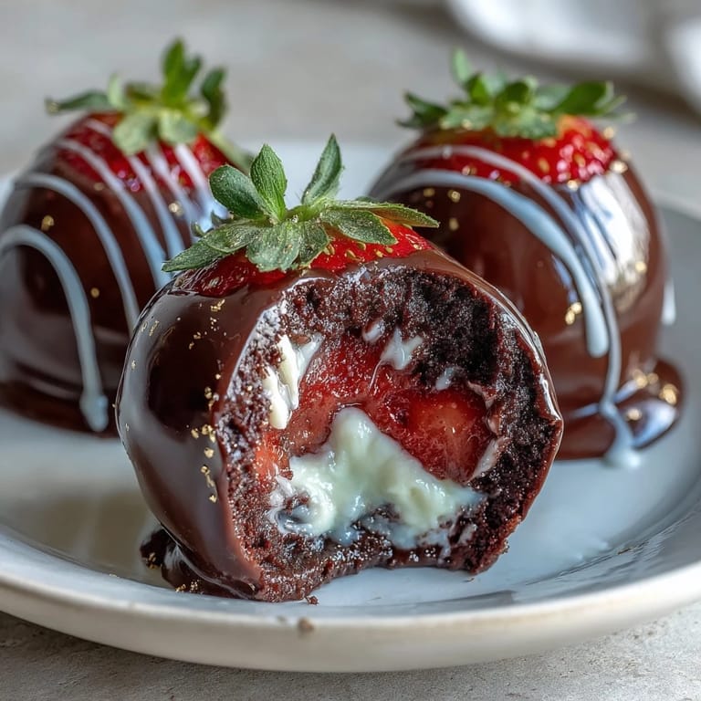 Elegant chocolate-dipped strawberry bombs with cream filling, drizzled with white chocolate and adorned with edible gold leaf.