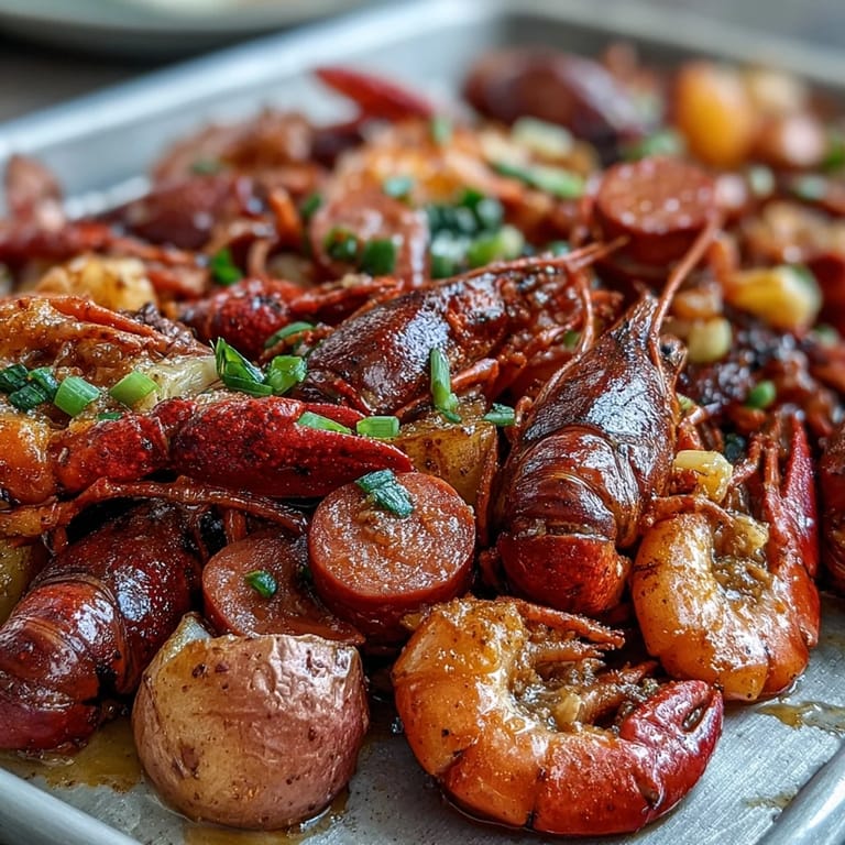 Roasted crawfish boil with andouille sausage, corn, potatoes, and bell peppers on a single sheet pan for easy cleanup.  