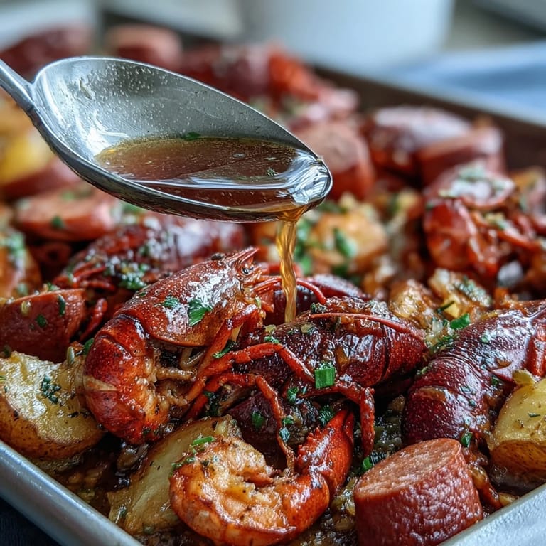 Indoor crawfish boil sheet pan dinner with smoky sausage, tender potatoes, and zesty lemon slices straight from the oven.