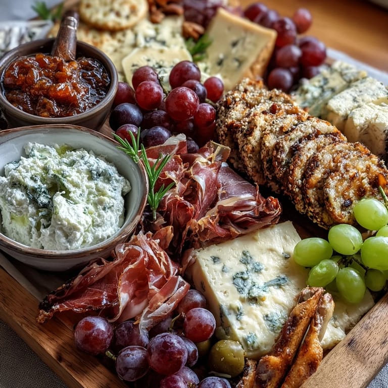 An inviting spread of artisanal breads, crackers, and colorful fruits paired with creamy herbed yogurt and roasted red pepper hummus.