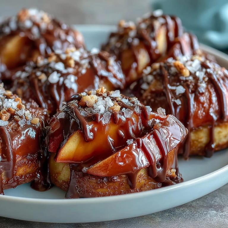 Gourmet caramel apple slices dipped in melted caramel, finished with a decadent chocolate drizzle for a festive dessert.