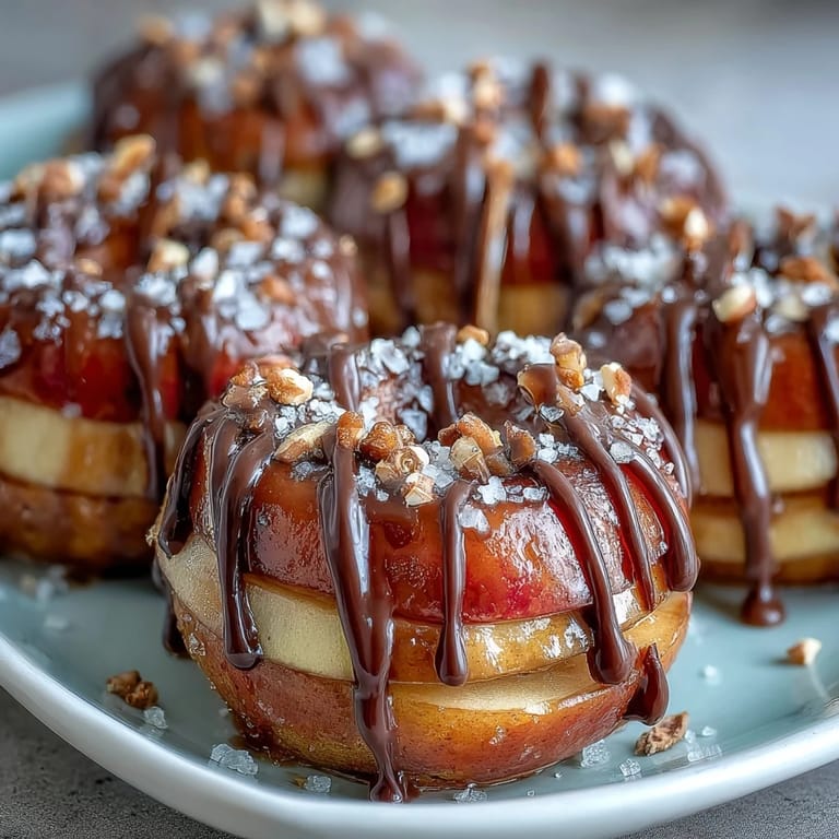 Sweet and tangy caramel apple slices topped with a silky chocolate drizzle, garnished with chopped nuts and sea salt.