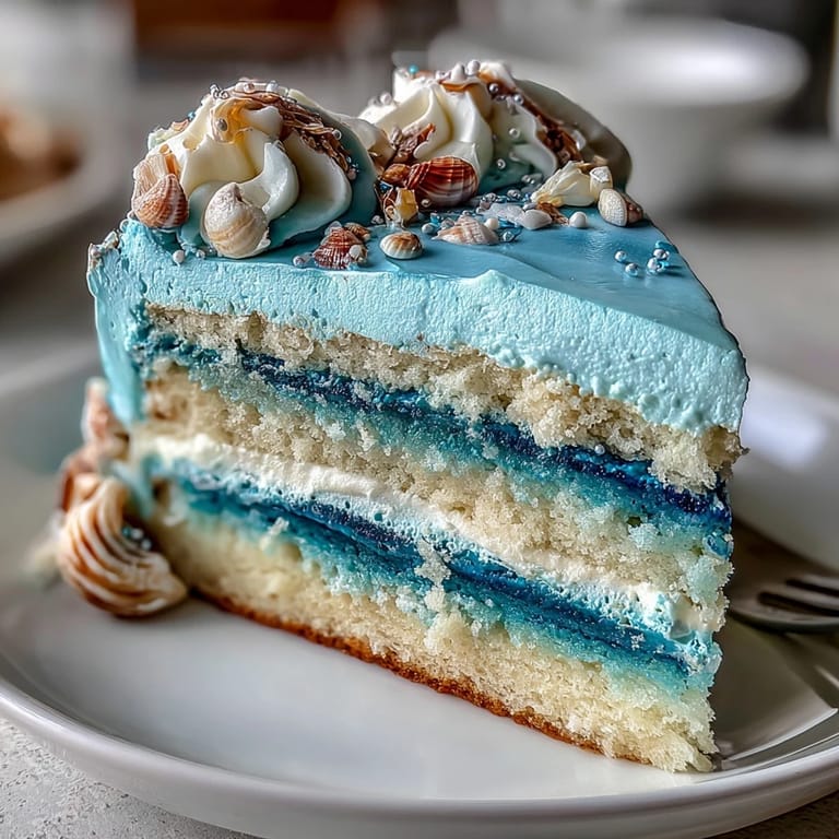 A close up of the smooth blue ombre buttercream frosting on a layered birthday cake.