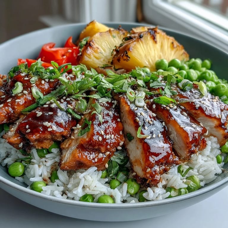Sweet and savory teriyaki chicken rice bowls featuring juicy pineapple, snap peas, and red bell peppers for a tropical-inspired, easy dinner.