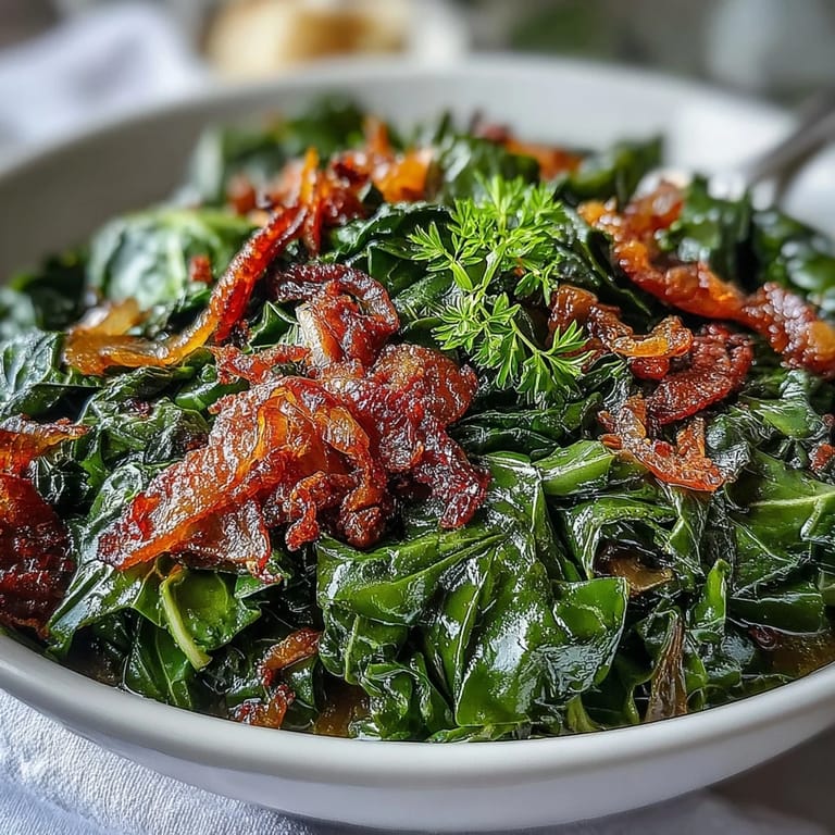Savory Southern collard greens cooked with smoked turkey, onions, and spices, offering a hearty and flavorful side dish.