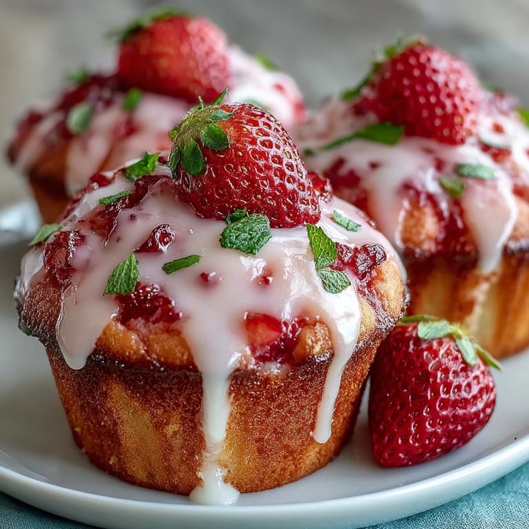 Golden muffins bursting with fresh strawberries, finished with a sweet and zesty lemon glaze for a bright, fruity flavor.